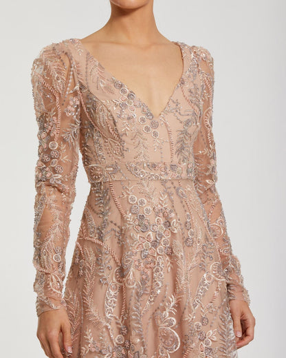 Beige Embroidered Long Sleeve V-Neck Gown