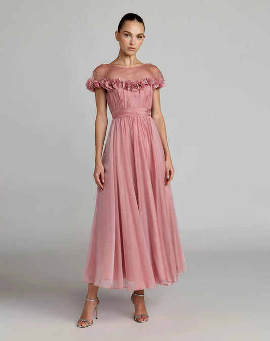 Chiffon Illusion Neck Midi Dress With 3D Flowers