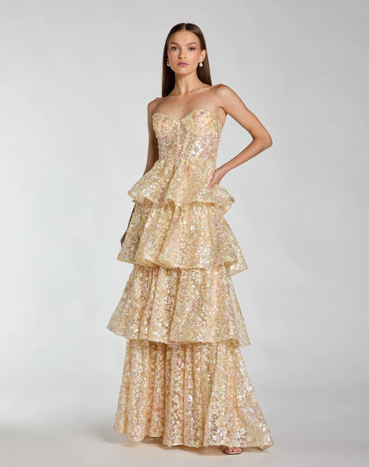 Gold Embellished Strapless Sweetheart Ruffle Gown