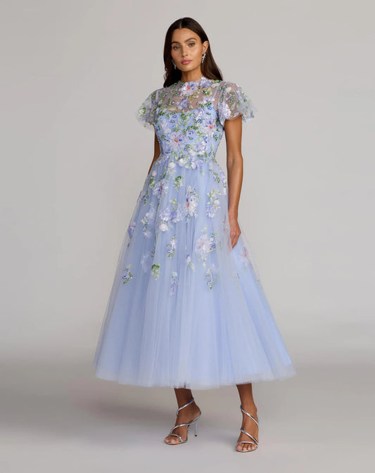 Blue Flutter Sleeve Embroidered A-Line Midi Dress