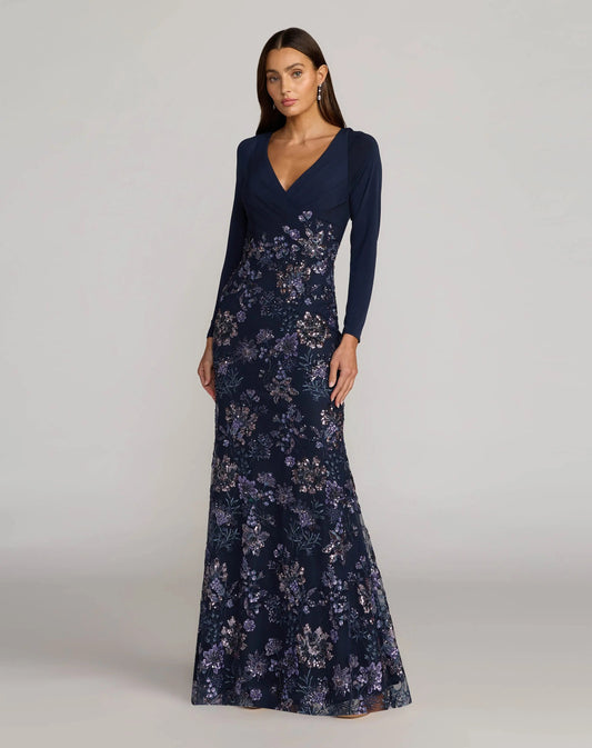 Navy Floral Embroidered Jersey Long Sleeve Gown