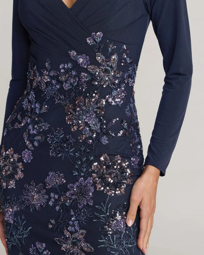 Navy Floral Embroidered Jersey Long Sleeve Gown