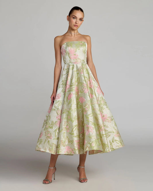 Green Floral Strapless A-Line Midi Dress