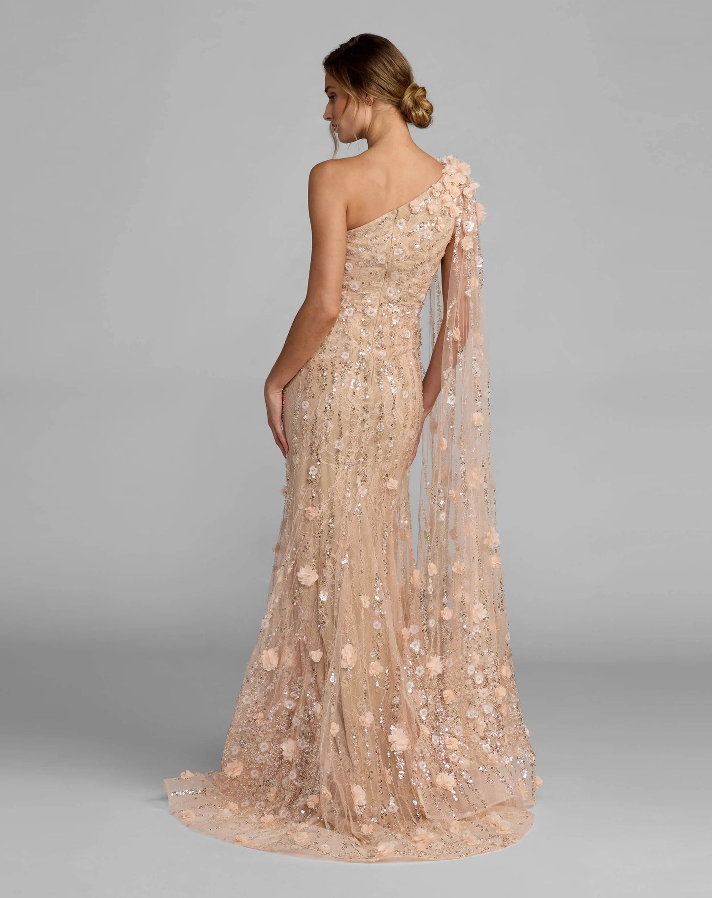 Beige One Shoulder Embellished Gown With Cape Sleeve