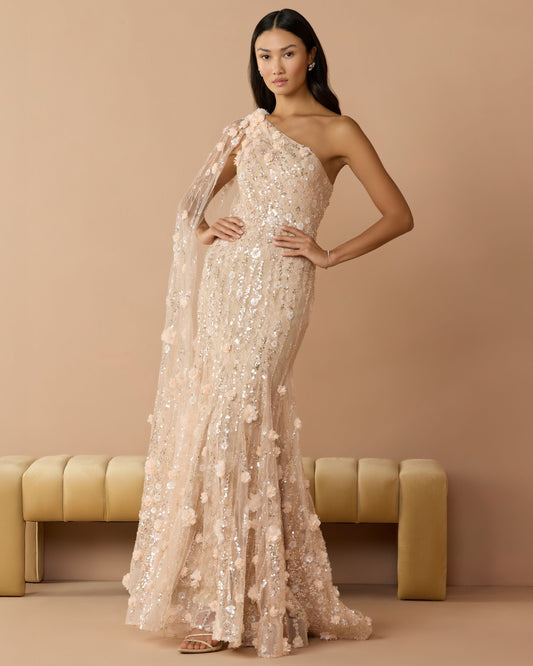 Beige One Shoulder Embellished Gown With Cape Sleeve