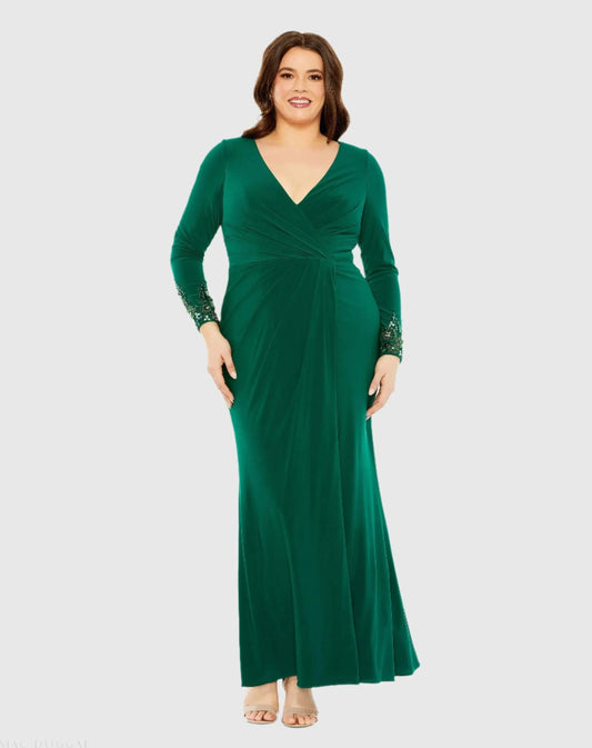 Green Long Crystal Detail Sleeve V Neck Gown - FINAL SALE