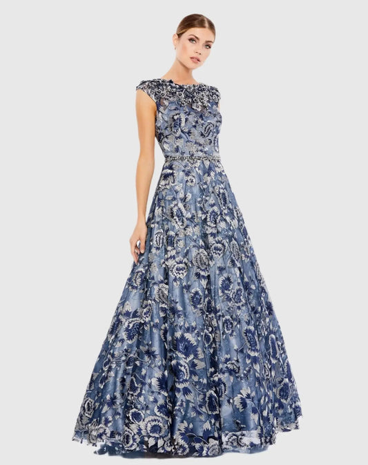 Blue Embellished Cap Sleeve High Neck Ball Gown