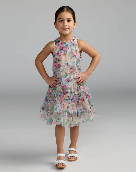 Girls Multicolor Floral Printed Ruffle Mini Dress
