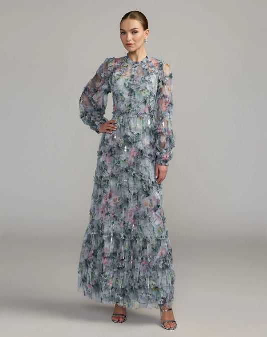 Blue Floral Long Sleeve High Neck Ruffle Maxi Dress