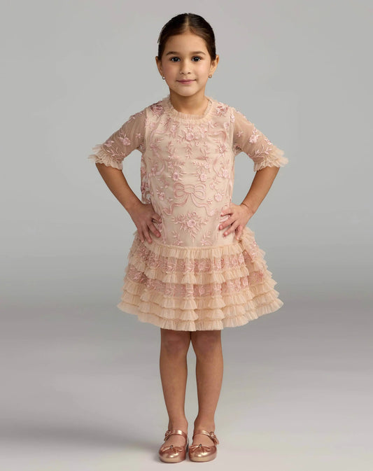 Girls Pink Micro Ruffle Embroidered Mini Dress