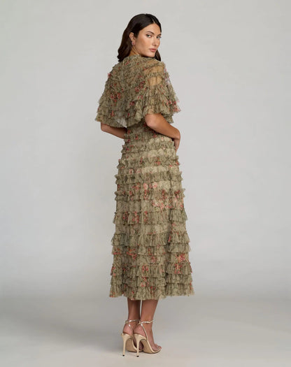 Green Floral Ruffle Midi Dress With Cape