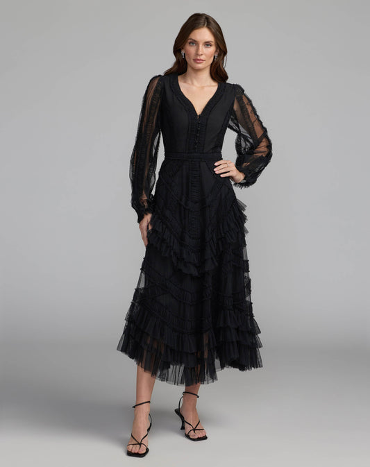 Black Long Sleeve V-Neck Micro Ruffle Midi Dress