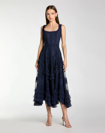 Navy Scoop Neck Sleeveless Micro Ruffle Midi Dress