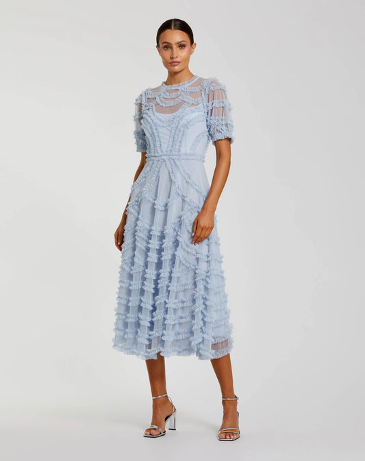 Blue High Neck Short Sleeve Ruffled Midi Dress