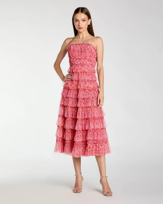 Floral Strapless Ruffle Midi Dress