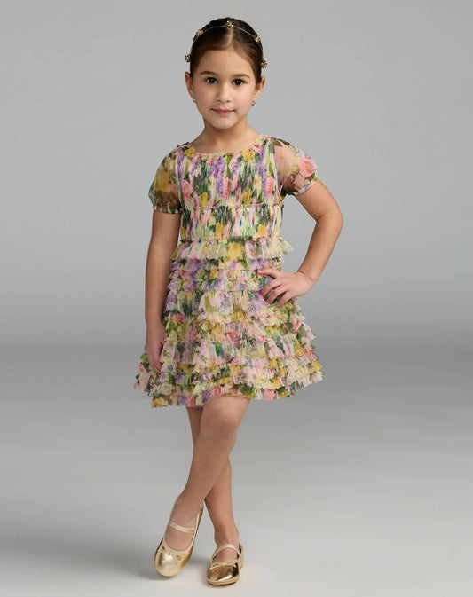 Girls Multicolor Floral Scoop Neck Ruffle Dress