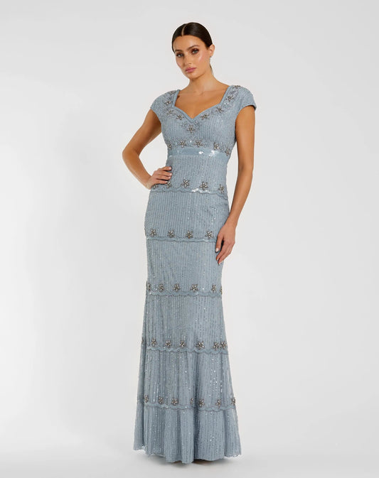 Blue Sequin Cap Sleeve Sweetheart Column Gown