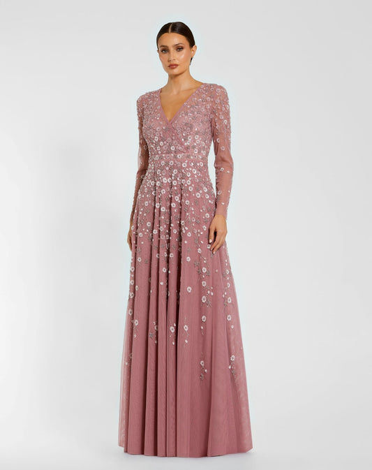 Embellished Wrap Over Illusion Long Sleeve A Line Gown