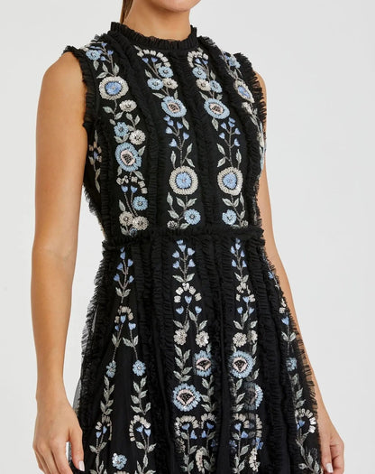 Black Sleeveless High Neck Embroidered Mini Dress