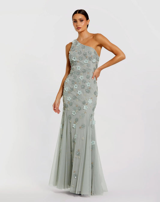 Green Open Back One Shoulder Embellished Trumpet Gown