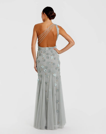 Green Open Back One Shoulder Embellished Trumpet Gown