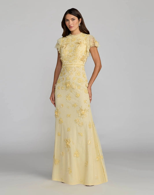 Floral Embellished High Neck Flutter Sleeve Gown