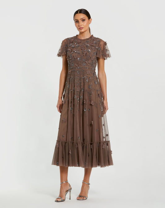 Brown Embellished High Neck Flutter Sleeve A Line Dress