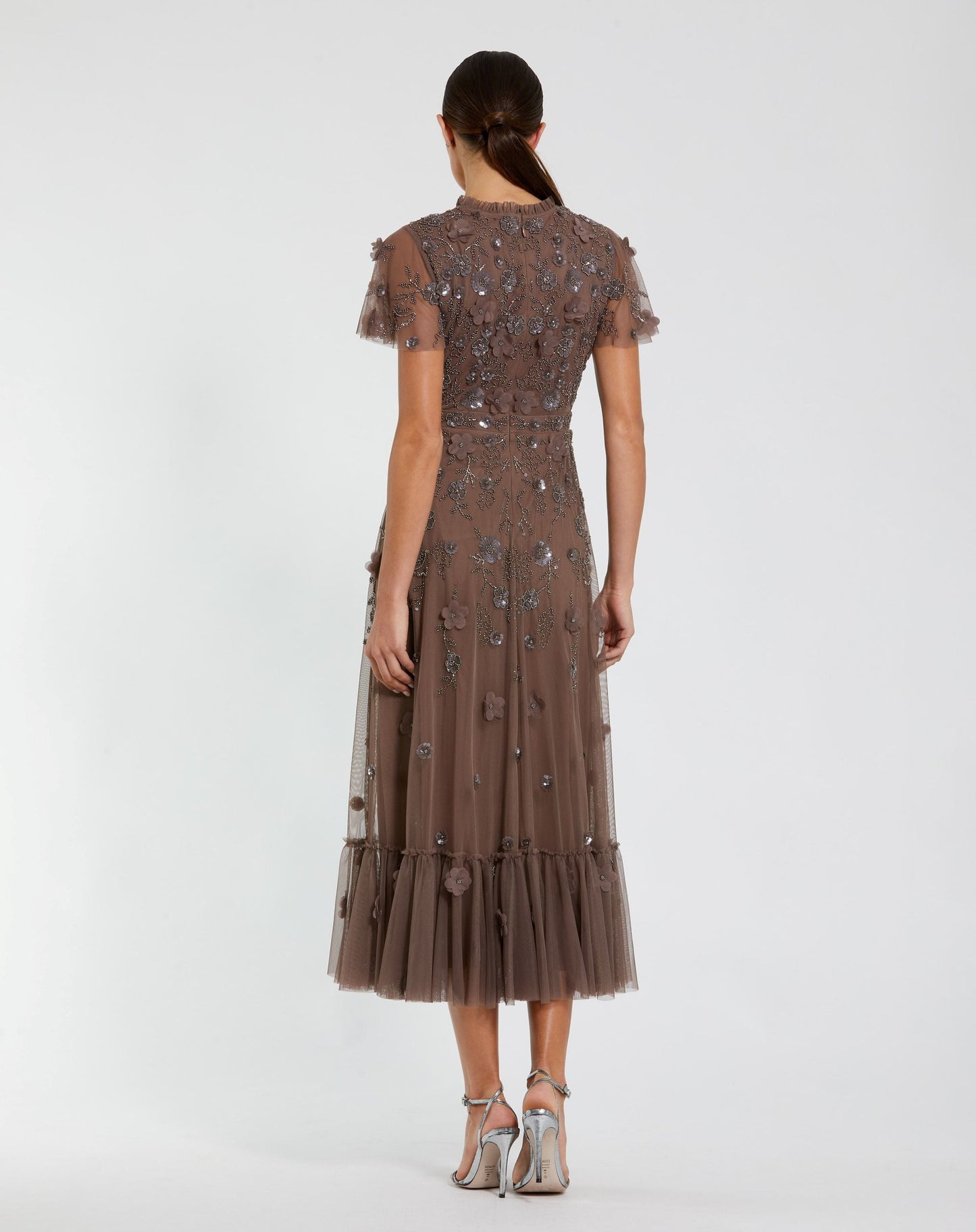 Brown Embellished High Neck Flutter Sleeve A Line Dress