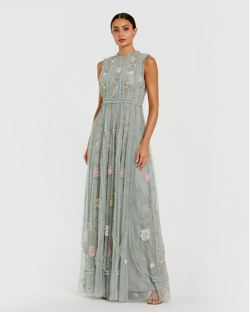 Floral Mesh Sleeveless A Line Micro Ruffle Gown