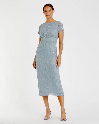 Blue Beaded Cap Sleeve Empire Waist Sheath Midi Dress
