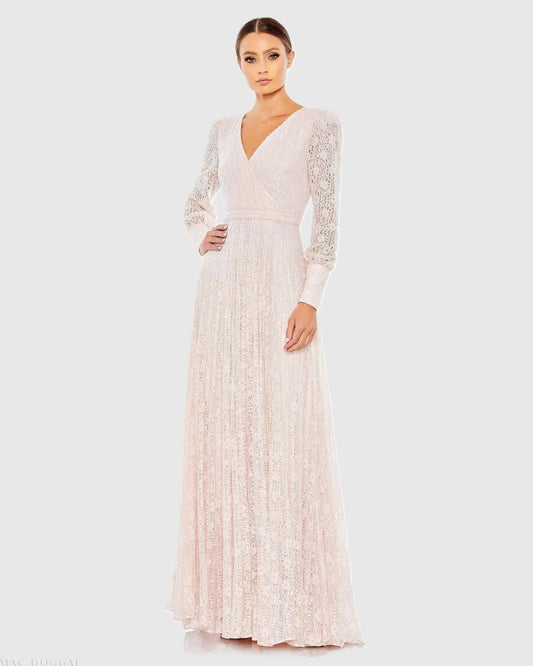 Beaded Lace Long Sleeve Wrap Over Gown