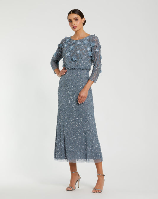 Blue Floral Embellished Midi Dress With 3/4 Sleeves