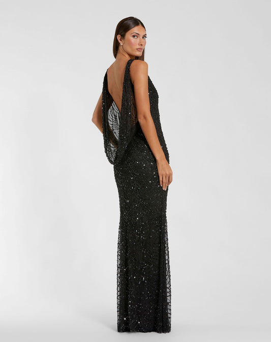 Black Beaded Open Back Column Gown