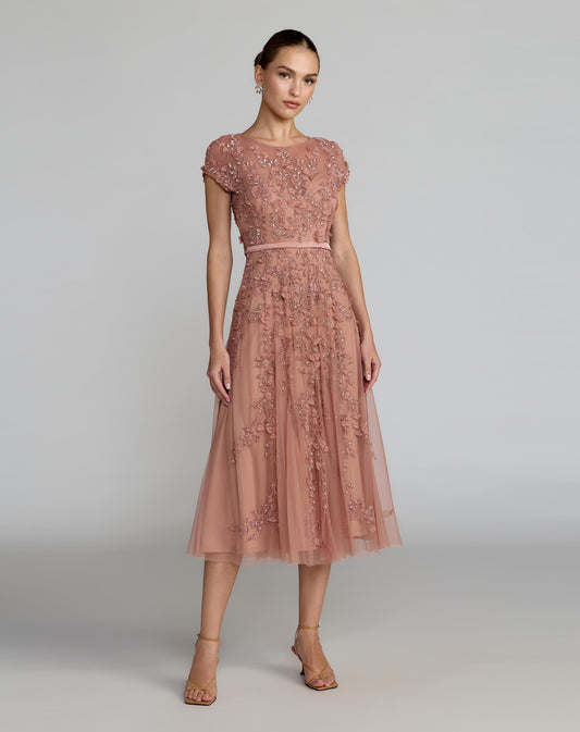 Floral Embellished Cap Sleeve Midi Dress