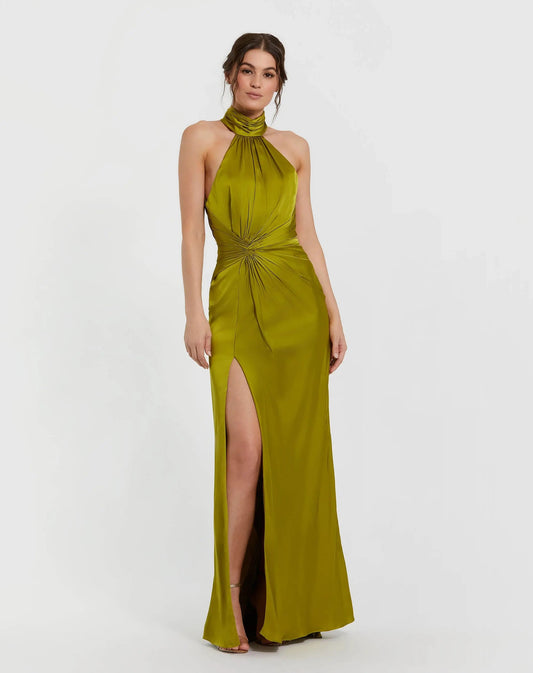 Petite Green Open Back High Neck Side Ruched Gown