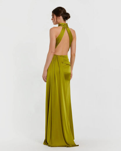 Petite Green Open Back High Neck Side Ruched Gown