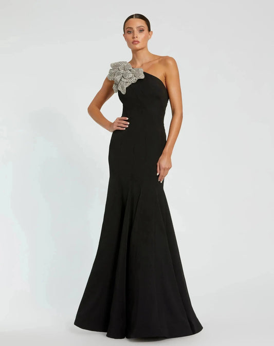 Petite Black Crepe One Shoulder Mermaid Gown With Flower