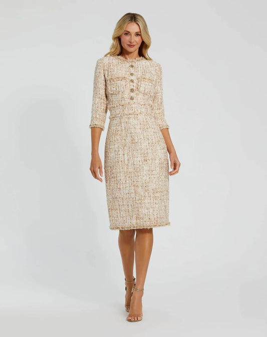 Petite Beige Beaded Trim Boucle Midi Dress with 3/4 Sleeves
