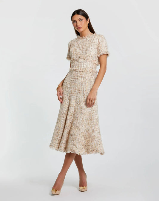 Petite Beige Boucle Short Sleeve A Line Midi Dress