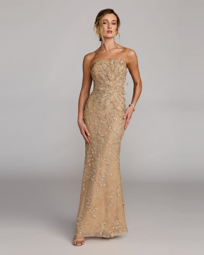 Petite Beige Strapless Embellished Lace Gown with 3D Flower