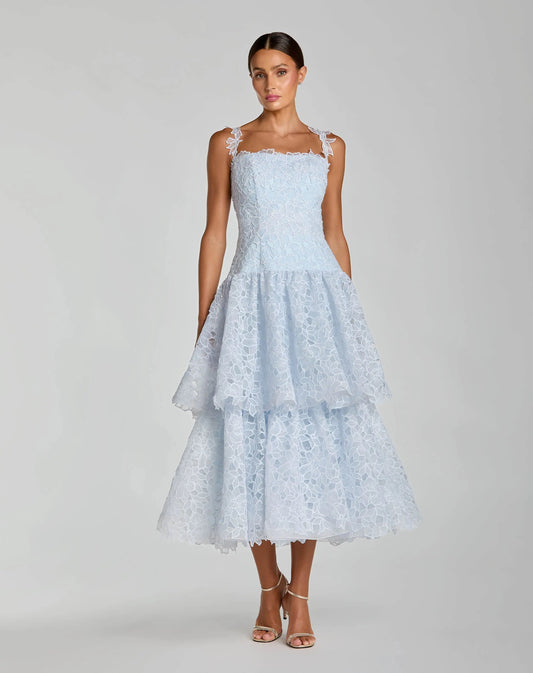 Petite Blue Sleeveless Embroidered Lace Tiered Midi Dress