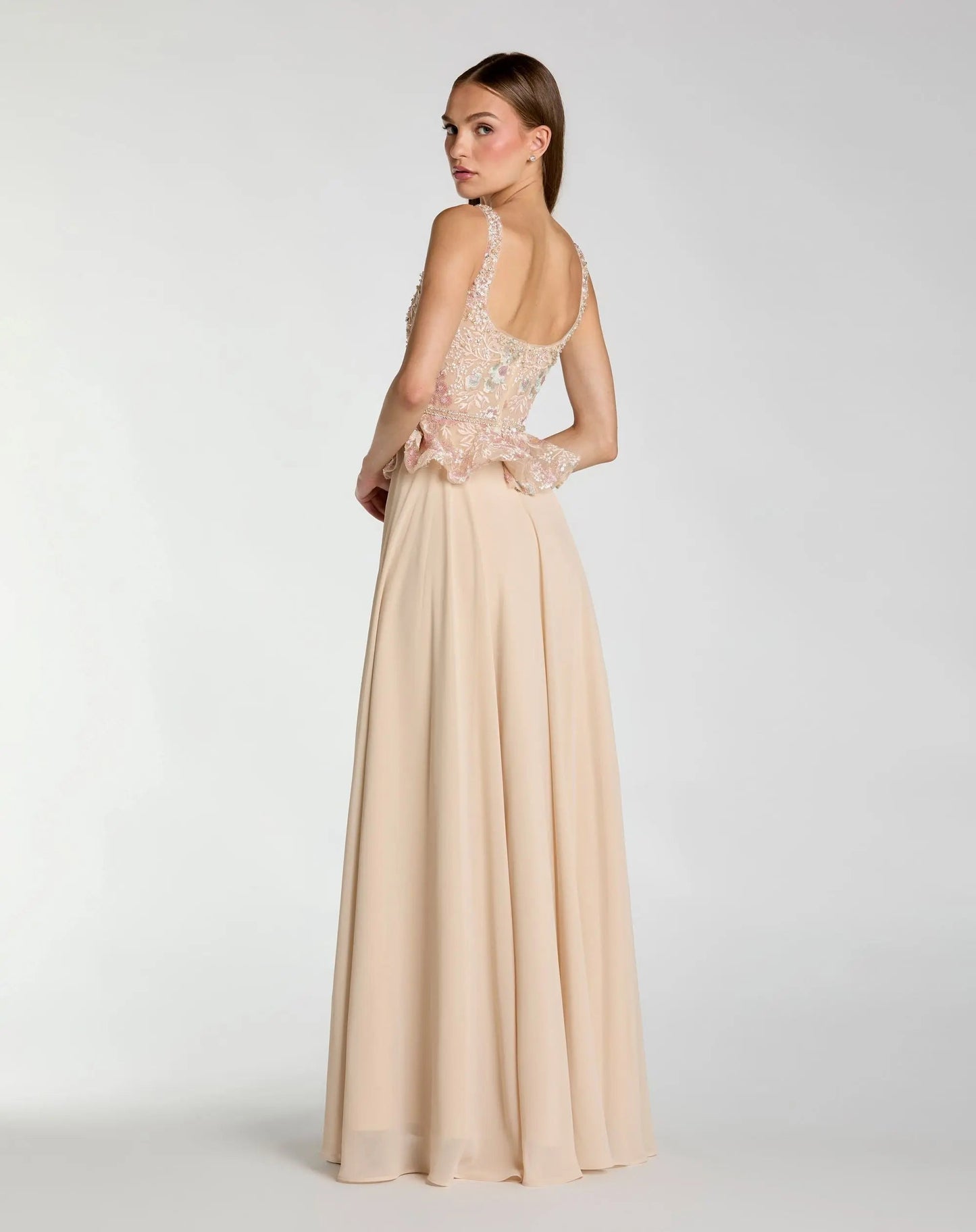 Petite Beige Embroidered Peplum Top With Chiffon Skirt Gown