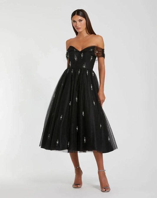 Petite Black Pearl Embellished Off The Shoulder A Line Dress