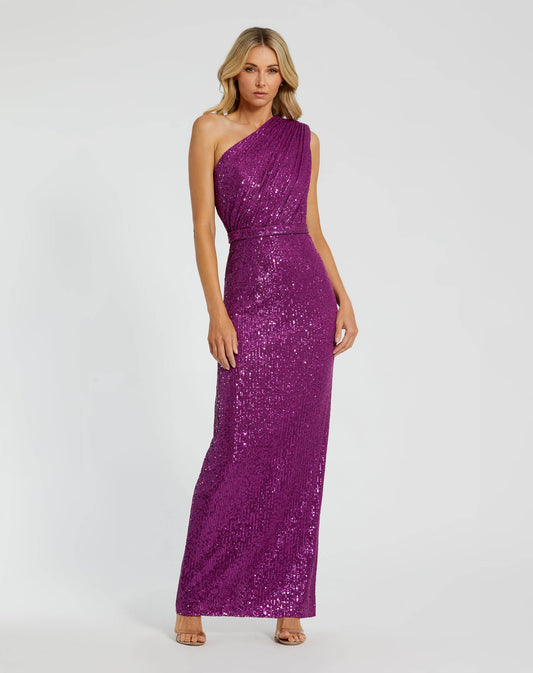 Petite Dark Purple Sequined Ruched One Shoulder Gown