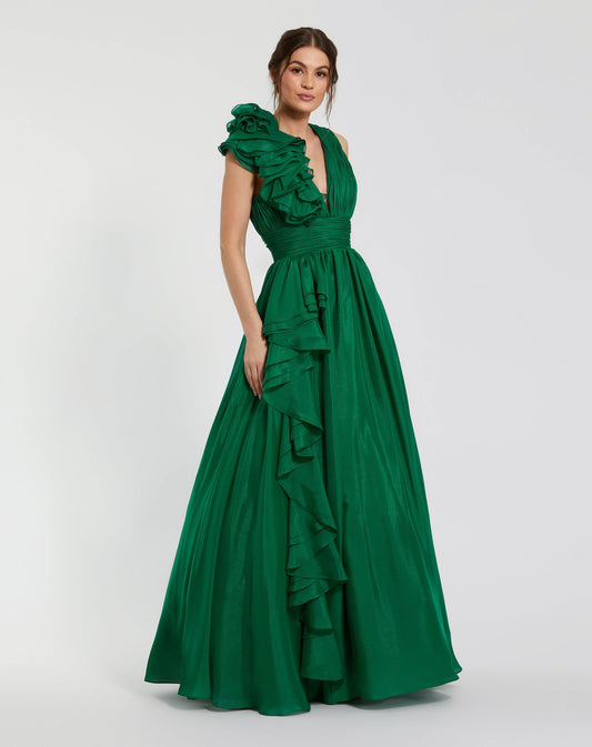 Petite Emerald Green Ruffle Shoulder V-Neck Chiffon Gown