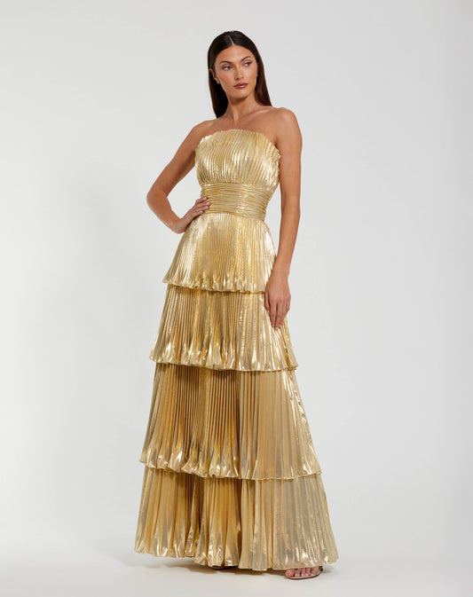 Petite Gold Strapless Pleated Metallic Layered Ruffle Gown