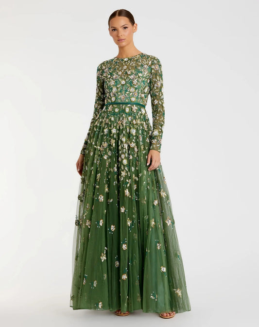 Petite Green Embellished High Neck Long Sleeve A Line Gown