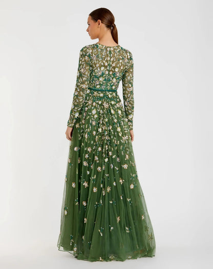 Petite Green Embellished High Neck Long Sleeve A Line Gown