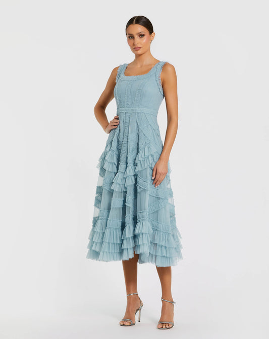 Petite Blue Scoop Neck Sleeveless Micro Ruffle Midi Dress