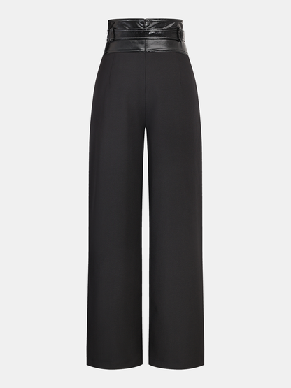 Faux Leather Waistband Wide-Leg Pants with Belt